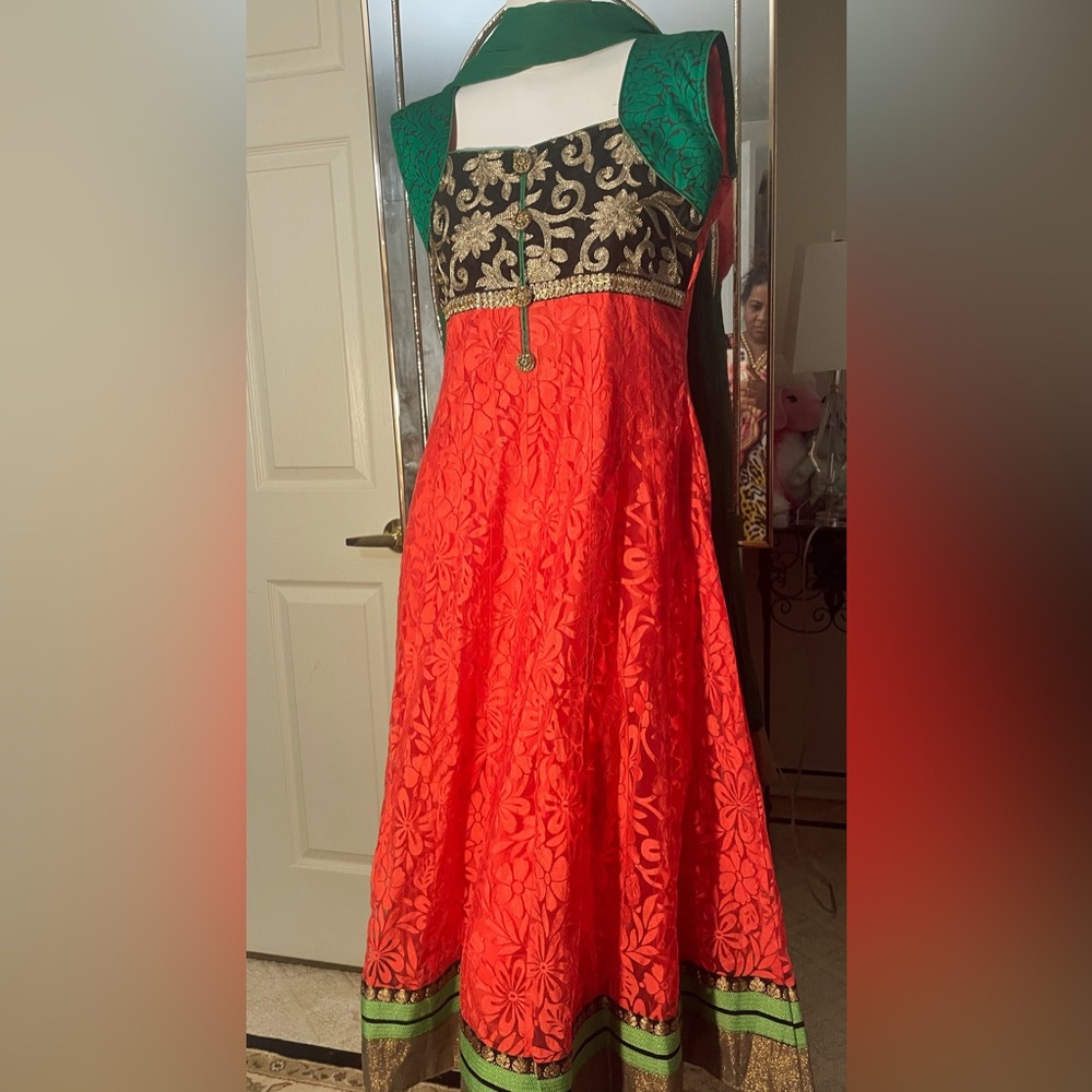Red Embroidered Maxi Dress with Contrasting Bodice